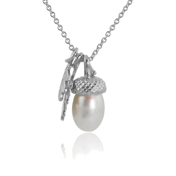 sterling silver pearl acorn necklace on white background