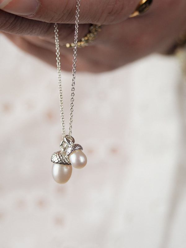 sterling silver pearl acorn double necklace