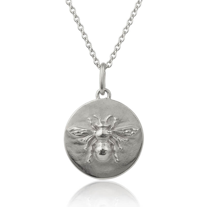 Sterling silver bee coin necklace handmade by Rachel Whitehead Jewellery in Birmingham UK