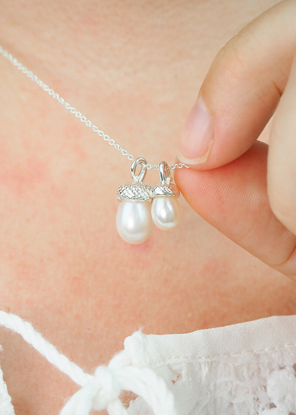 sterling silver double pearl acorn necklace with two pearls