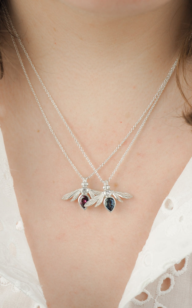 sterling silver pear gemstone bee bumblebee necklace pendant with London blue topaz stone