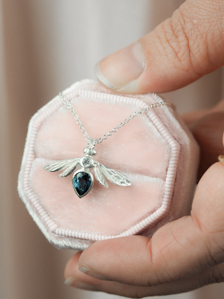 sterling silver pear gemstone bee bumblebee necklace pendant with London blue topaz stone