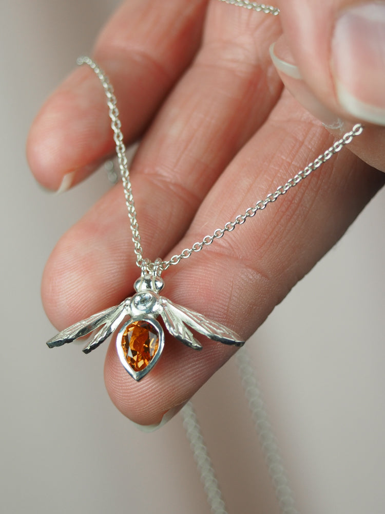 sterling silver pear gemstone bee bumblebee necklace pendant with orange citrine stone