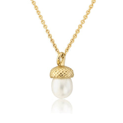 yellow gold pearl acorn necklace on delicate trace chain
