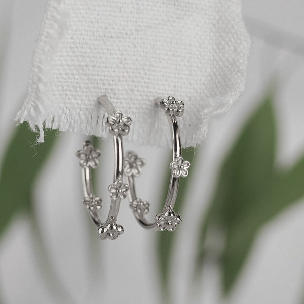 silver blossom small flower hoop earrings