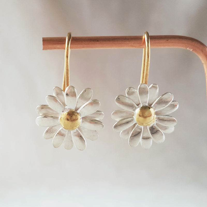 Gold and Silver Two Tone daisy Drop Earrings