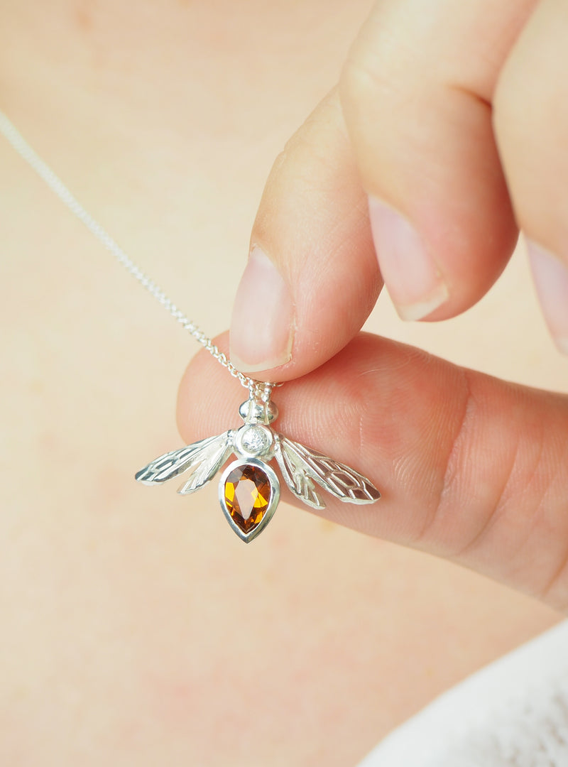 sterling silver pear gemstone bee bumblebee necklace pendant with orange citrine stone