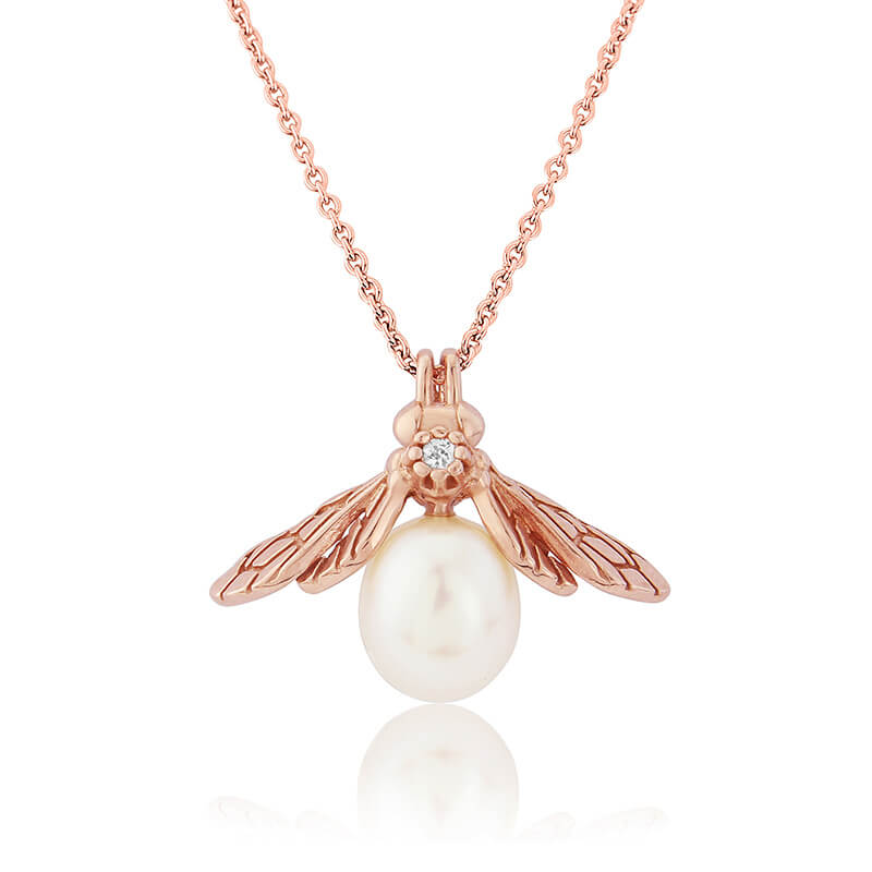rose gold pearl bee necklace with small white topaz gemstone 