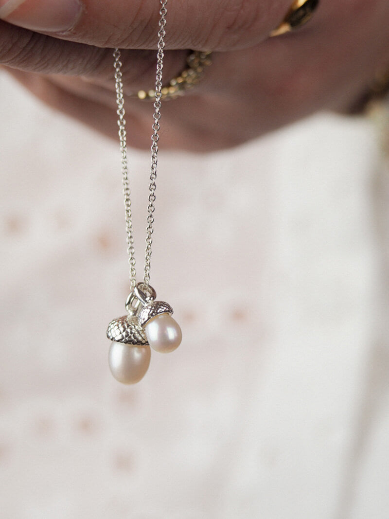 pearl acorn necklace in sterling silver