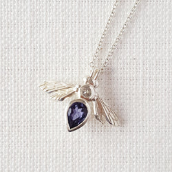 sterling silver pear gemstone bee bumblebee necklace pendant with blue purple Iolite gemstone