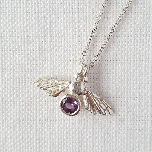 sterling silver round gemstone bee bumblebee necklace pendant with light purple amethyst