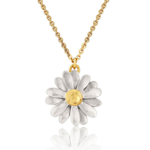 Two-tone gold and silver daisy pendant on a delicate chain