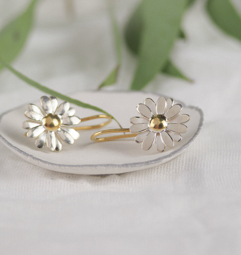 Silver and gold daisy drop earrings two tone