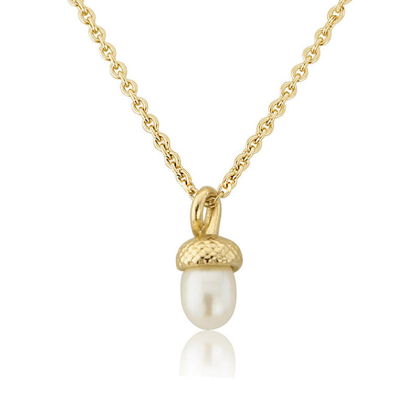 tiny pearl acorn necklace in yellow gold