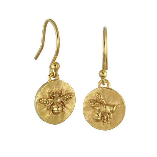 gold flying bee and basking bee coin drop earrings