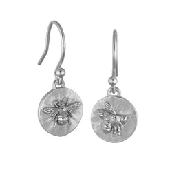 silver basking bee and flying bee coin drop earrings with hook fixture