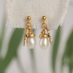 gold pearl acorn drop earrings with a tiny oak leaf