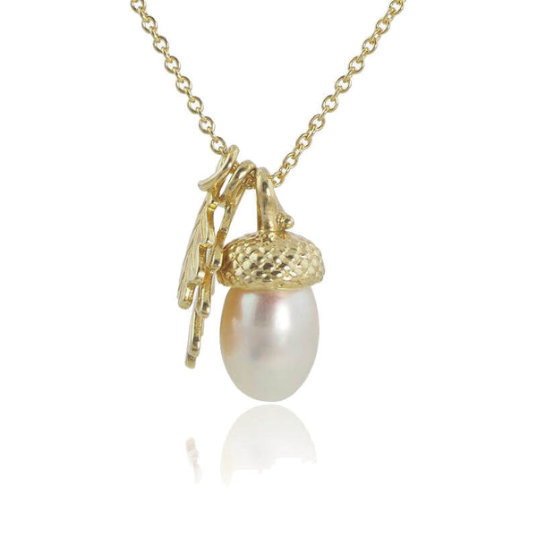 yellow gold pearl acorn necklace with small oak leaves