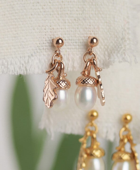 rose gold pearl acorn earrings