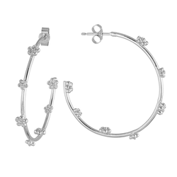sterling silver large hoop earrings with small flowers dotted along hoop