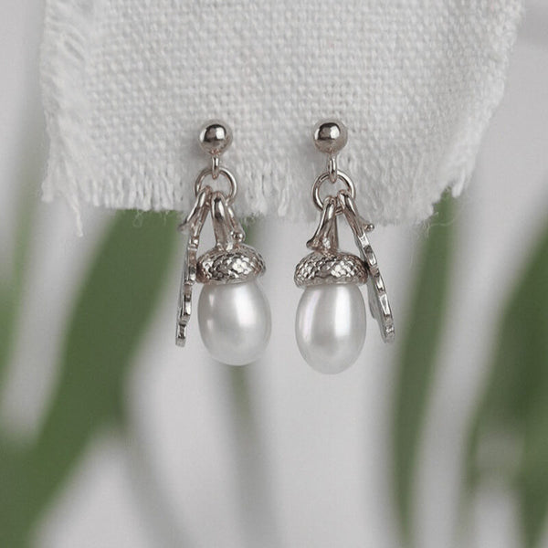 sterling silver drop earrings with pearl acorn and mini oak leaf