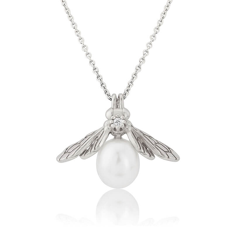 silver pearl bumblebee necklace with small white topaz gemstone